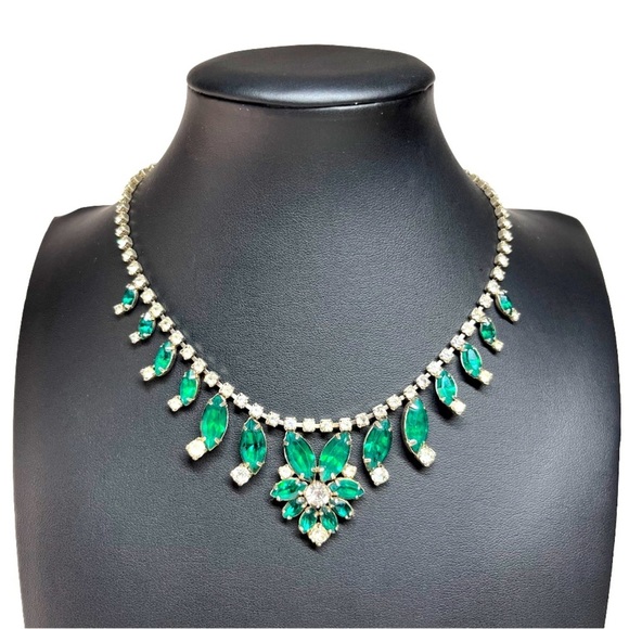 Juliana D&E VTG 60's Emerald White Crystal Drop Dangle Choker Necklace 15